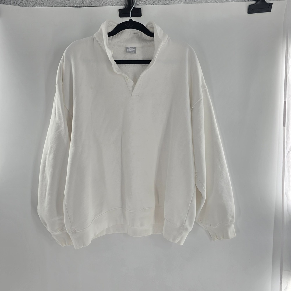 Aritzia TNA Sweatfleece Pullover Womens Sz XL Ivory Boyfriend Fit Cozy Fleece